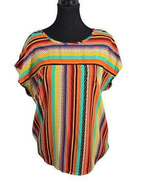 NWOT | Vibrant Sunset Striped Mixed Print Boho Dolman Sleeve Top | Large